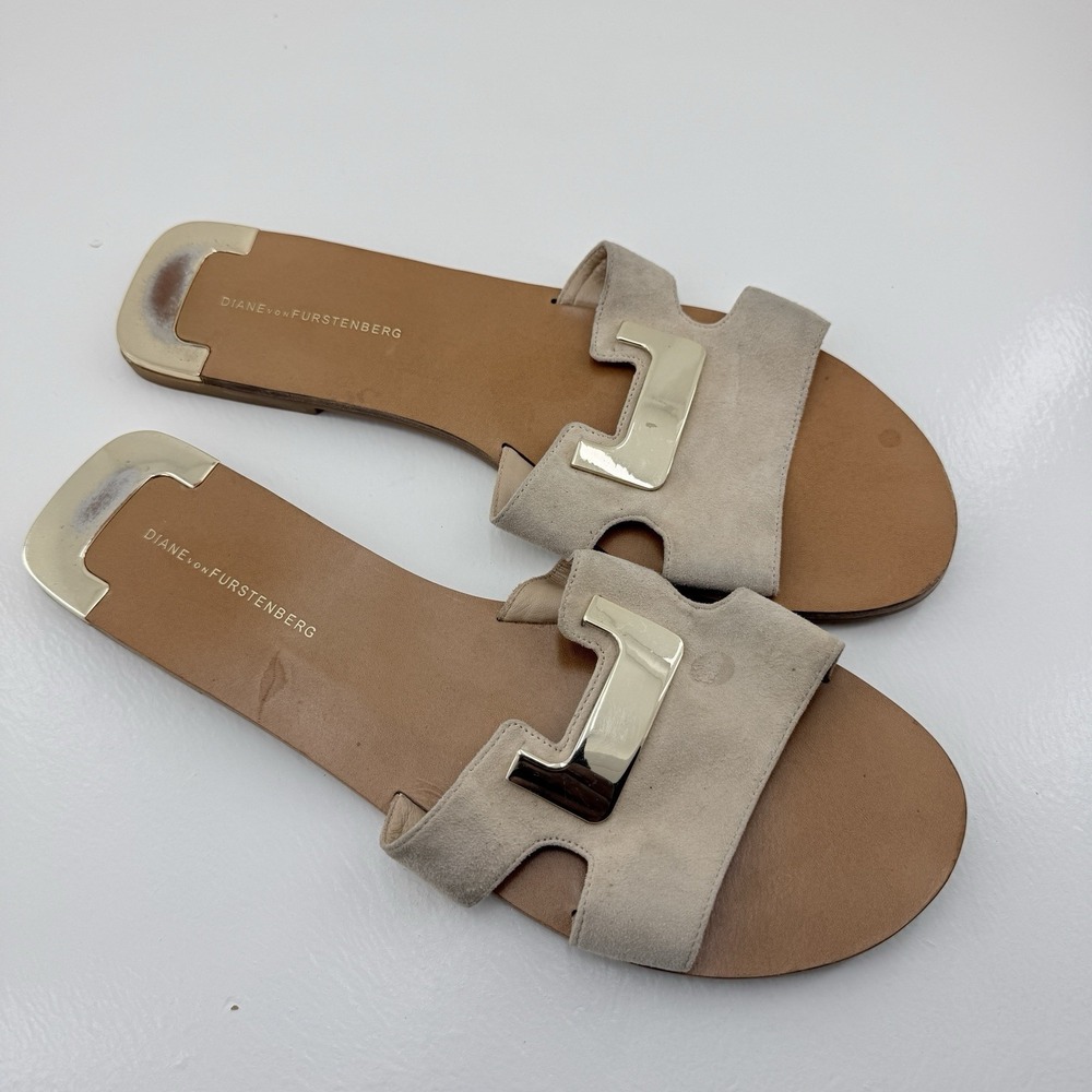 Diane von Furstenberg Tan Brown Suede Leather Flat Slide Sandals Women's Size 10 - Picture 2 of 9